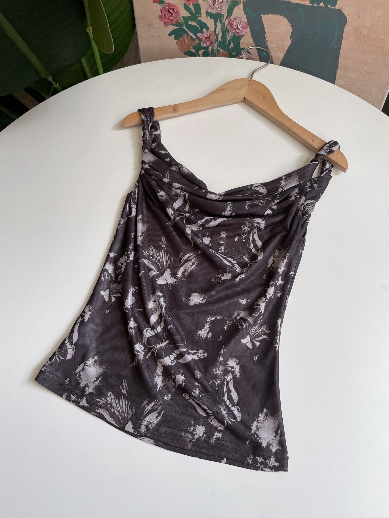 Twist Strap Butterflies Bodycon Mesh Set in Black
